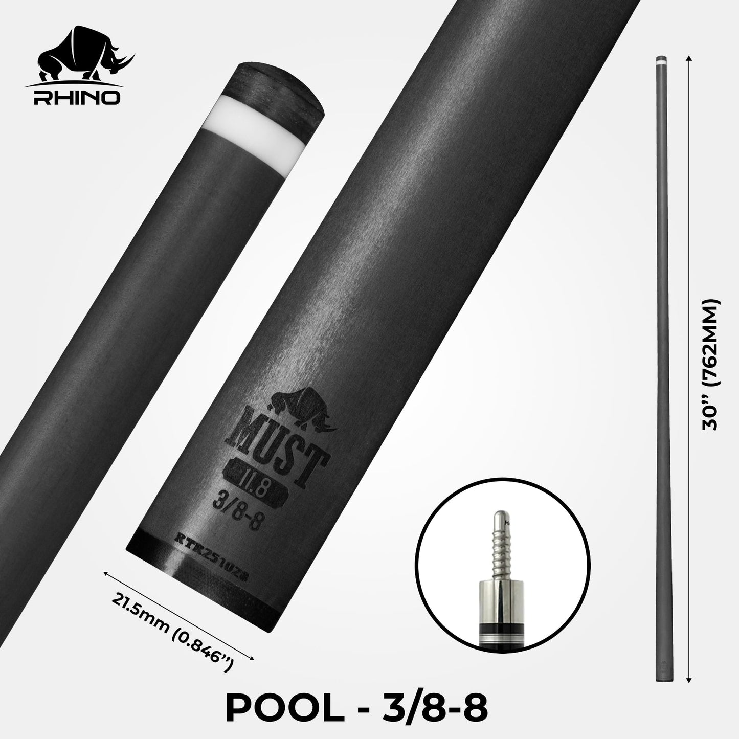 RHINO MUST 30" / 3/8-8 Pro Carbon Pool Cue Single Shaft